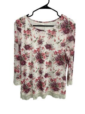 Pink Floral Print Long Sleeve Blouse Lace Trim Hem Cuff Cottagecore Romanticcore